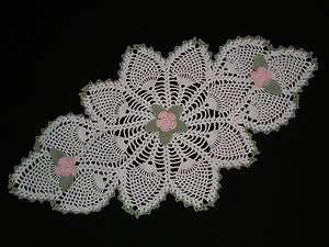 New Hand Crocheted Doily Pink Flowers & Leaves Pineapple  