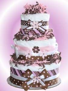 Pink & Brown Stripe and Polk a Dot Flower Diaper Cake Baby Shower 