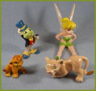 FOUR DISNEY CHINA FIGURINES TINKERBELL JIMINY CRICKET NALA SIMBA WALT 