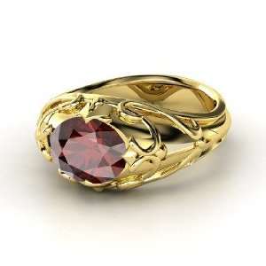  Hearts Crown Ring, Oval Red Garnet 18K Yellow Gold Ring Jewelry