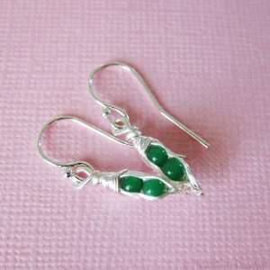 Cute Little Pea Pods   tiny handmade earrings   2 jade green peas in 