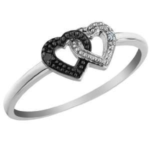  White and Black Diamond Heart Ring in 10K White Gold, Size 