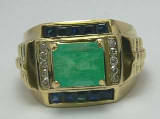   Handsome Colombian Emerald Sapphire and Diamond Mens Ring 14k  
