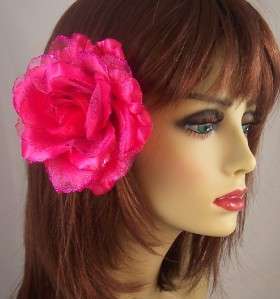 PINK FLOWER ROSE HAIR CLIP METALLIC GLITTER ACCESSORY Brooch Pin 