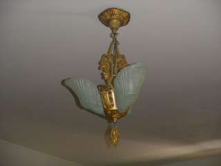   Vintage Art Deco Nouveau 3 Slip Shade Fixture Light Ceiling Chandelier