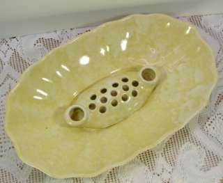 Art Pottery Spatter Ware Flower Frog Bowl Yellow/White w/Candle 