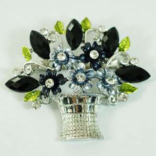   Vase Silver Plated Leaf Gemstone Zircon Brooch Pins Jewelry  