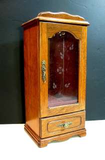 MUSICAL WOOD JEWELRY CABINET WITH MIRROR BACK & ETCHED GLASS FRAMED 