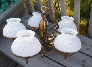   White Hobnail Glass shade Chandelier BRASS HANGING LAMP 5 LIGHT  