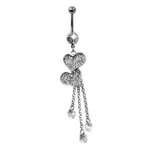  Round CZ Double Hearts Dangling Belly Button Navel Ring Jewelry