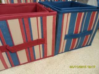 Storage Bins Collapsible Cloth Container BLUE BURGUNDY stripes CUBE 