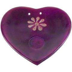 Purple Heart shaped Soapstone Incense Holder/Burner. A flower adorns 