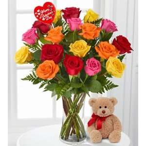   Day Rose Flower Bouquet With Bear   18 Stems   Vase Included