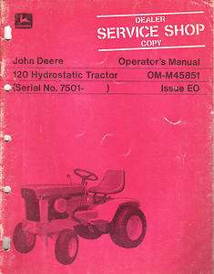 John Deere 120 Hydrostatic Lawn Garden Tractor Operators Manual  