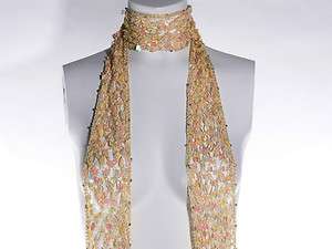   Women Ladies Beige Long knitted beaded Sequin Scarf Shawl with fringes