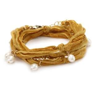  Ettika Vintage Ribbon Mustard Wrap Bracelet Gold Pearl 