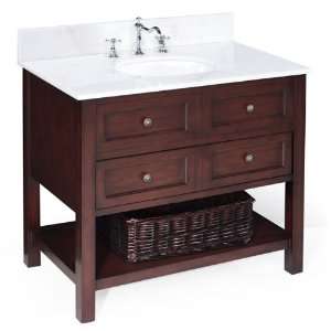   wood Cabinet with Marble Countertop, Ceramic Sink, and Chrome Faucet