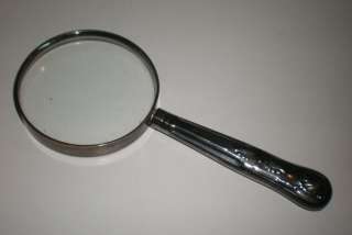  Unmarked Silver Tone Tooled Handle Magnifying Glass 7 Lg 4 Handle