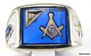 Master Mason RING   10k White Gold *Blue Stone* Masonic Diamond  