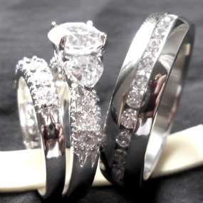 HIS HERS 3 PC MENS WOMENS SILVER HEART WEDDING RING SET  