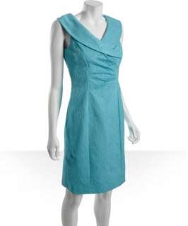 Tahari ASL aqua floral jacquard sleeveless collared dress