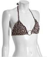 Letarte brown leopard print ruffle trim sliding halter bikini top 