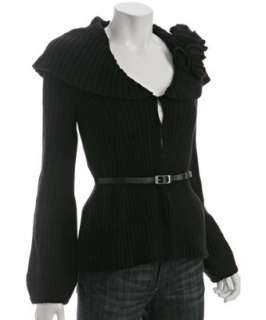 Magaschoni black cotton cashmere rosette belted cardigan   up 