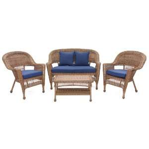   Honey Wicker Conversation Set   Blue Cushions Patio, Lawn & Garden