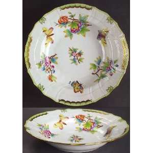Herend Queen Victoria (Green Border) Large Rim Soup Bowl, Fine China 