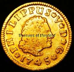 OLD US $1 GOLD COIN 1745 SPANISH COLONIAL 1/2 ESCUDO DOUBLOON 22K 