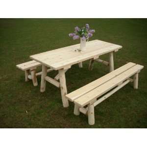  White Cedar Log Picnic Table with Detached Bench   6 foot 