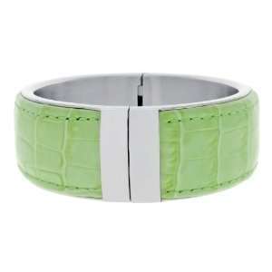  Wide Green Leather & Stainless Steel Cuff Bracelet with Magnetic Lock