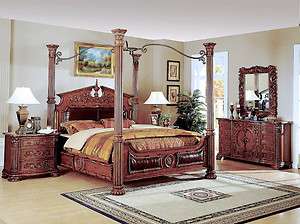   Formal Cherry King Canopy Poster Leather Marble Bed Bedroom Set  