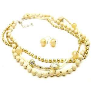    Ivory and Gold Beaded Multistrand 18 Inch Necklace Set Jewelry