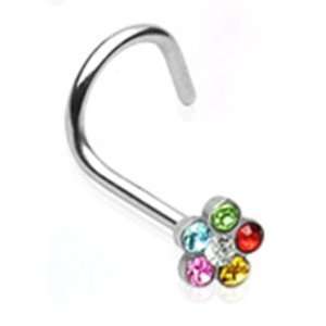 18g Surgical Steel Nose Ring Screw Piercing Jewelry with Rainbow Gem 