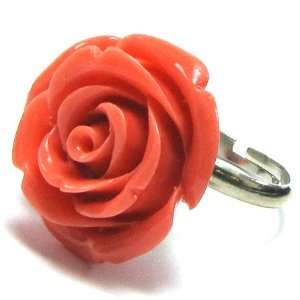  24mm pink coral carved rose flower adjustable ring size 5 