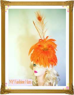 Orange Peacock Pillbox Church Designer Fashion Womens Ladies Hat New 