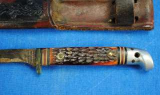 Antique Fixed Blade Western Pocket Knife w Sheath Antler Grip 6 1/4 