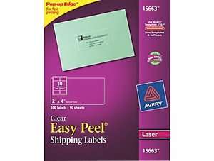 Avery 15663 2 x 4 Clear Shipping Labels. 100 Labels 10 Sheets (Laser 