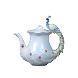  8 inchPale Blue Porcelain Peacock Tea Pot with Peacock 