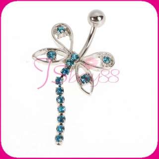  Stainless Steel Dragonfly Dangling Belly Navel Button Ring Aqua  