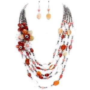 Stone Necklace Set; 30L; Faceted Silver Beads; Genuine Carnelian, Red 