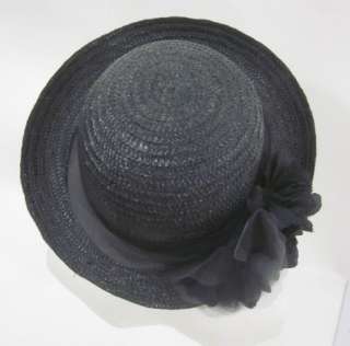BETMAR Black Woven Straw Ribbon Flower Detail Sun Hat  