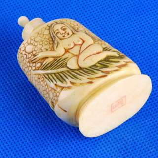 Carved OX Bone Snuff bottle Carving Beauty Lady Stand  
